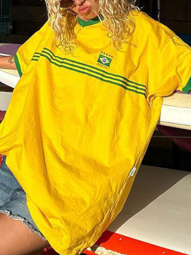 Brasil V Neck Color Block Short Sleeve T-Shirt