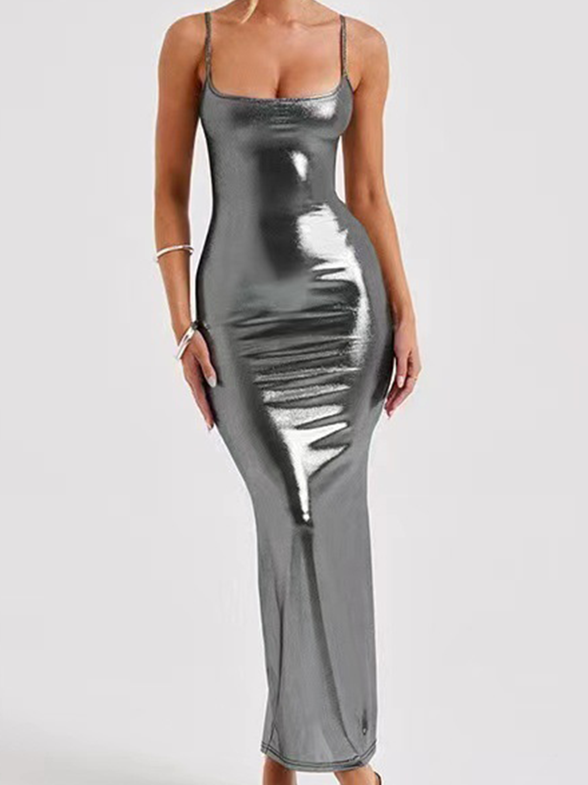 Metallic Spaghetti Plain Maxi Dress