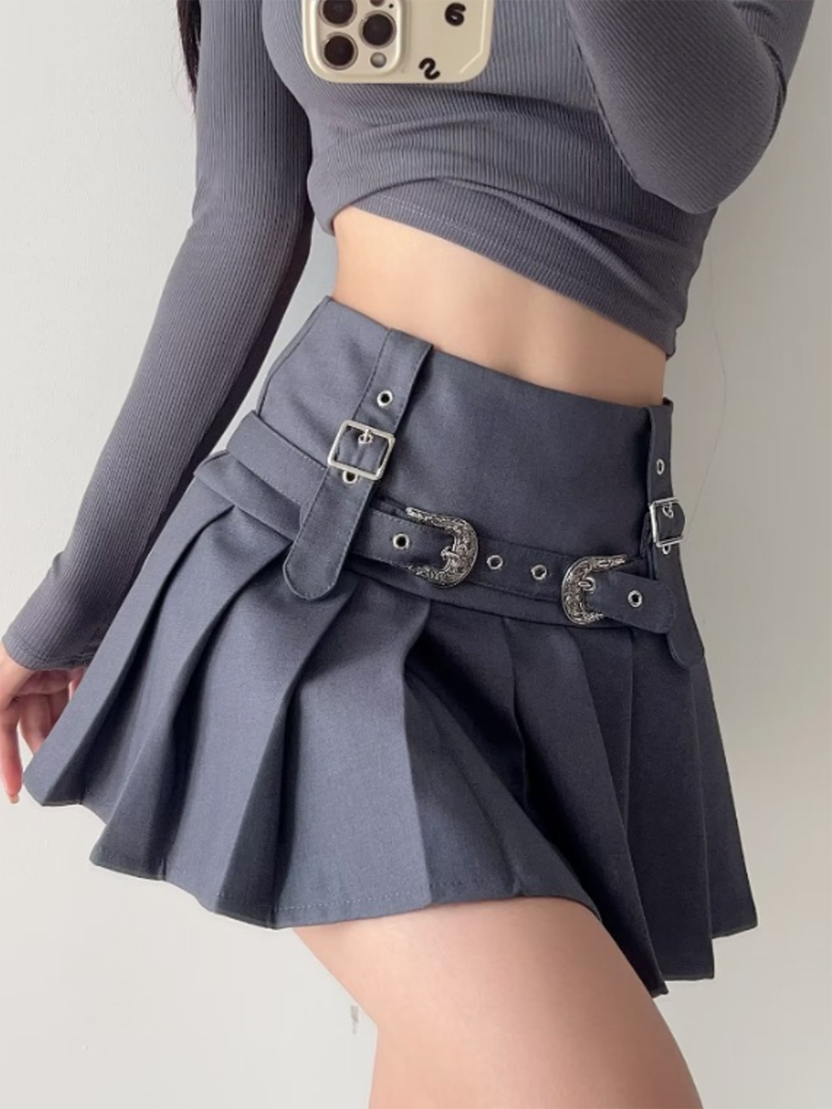 Belt Pleated Plain Short Skirt