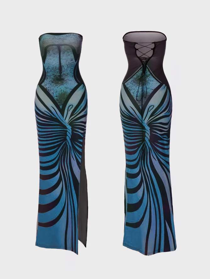 Body Print Split Strapless Plain Sleeveless Maxi Dress