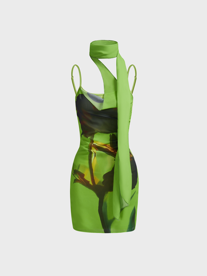 Asymmetrical Design Halter Painting Sleeveless Short Dress