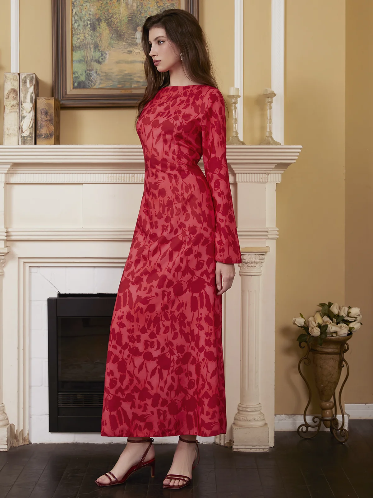 Crew Neck Floral Long Sleeve Maxi Dress