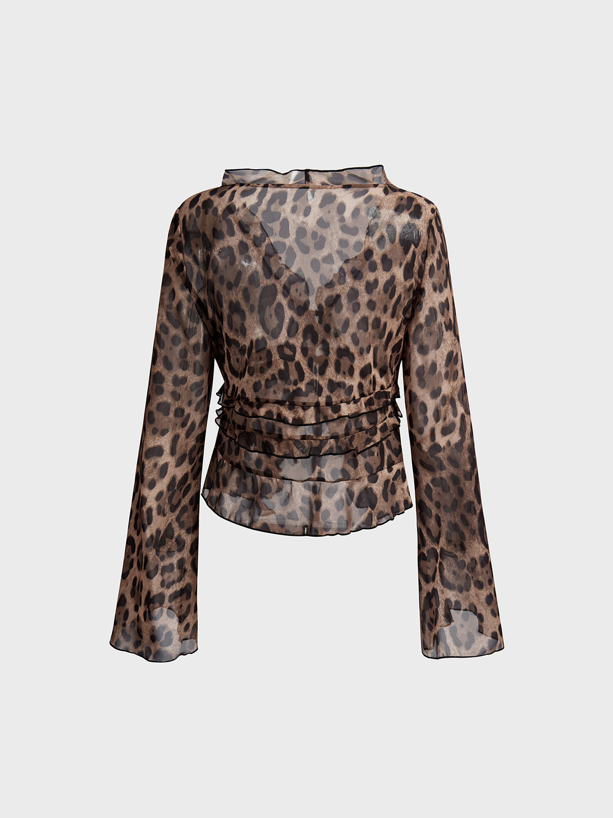 Chiffon Deep V Neck Leopard Long Sleeve Blouse