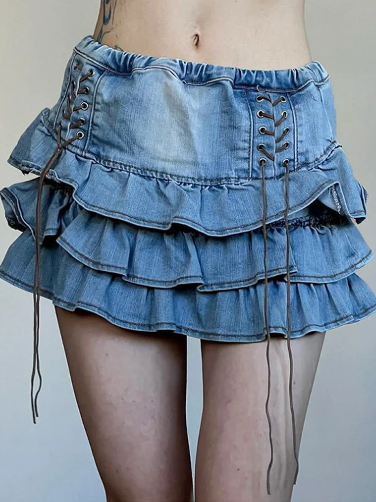 Denim lace up Plain Mini Denim Skirt