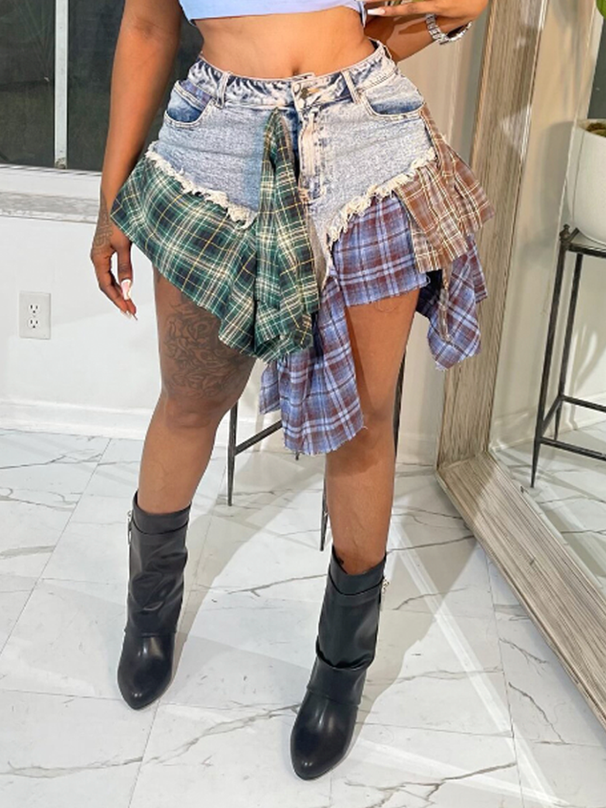 Denim Plaid Mini Denim Skirt