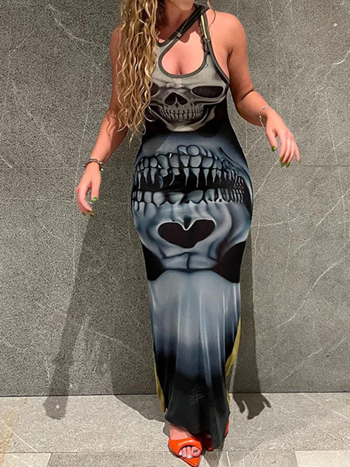 Cut Out Asymmetrical Skull Half Sleeve Maxi Dress