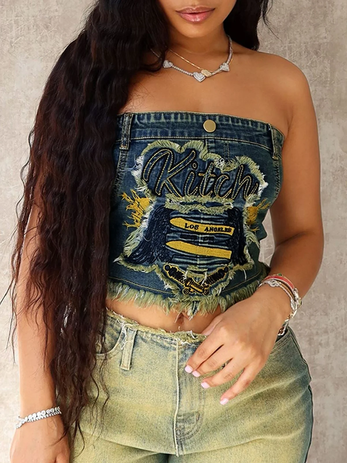 Denim Strapless Text Letters Tube Tops