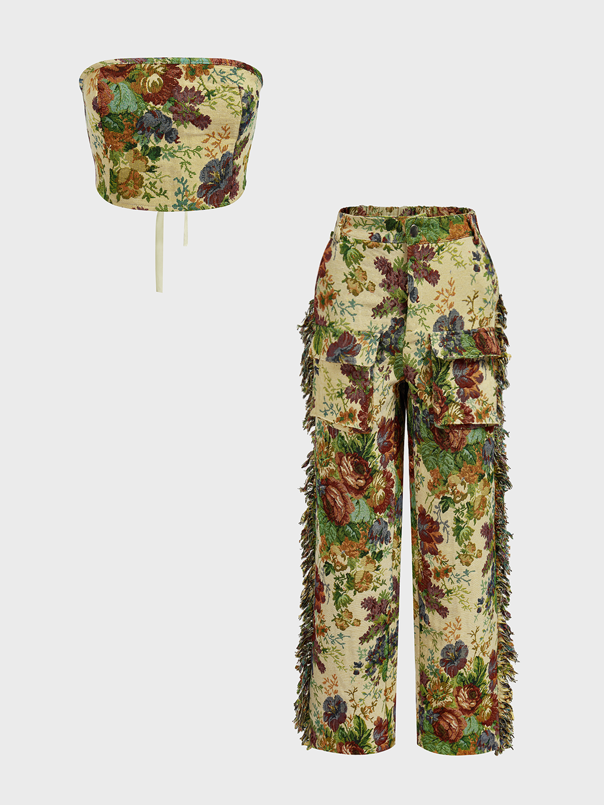 Jacquard Floral Top With Pants Two-Piece Set