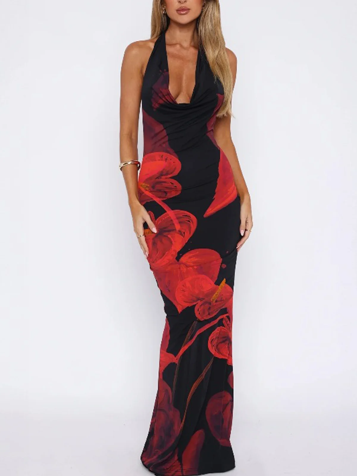 Halter Floral Sleeveless Maxi Dress