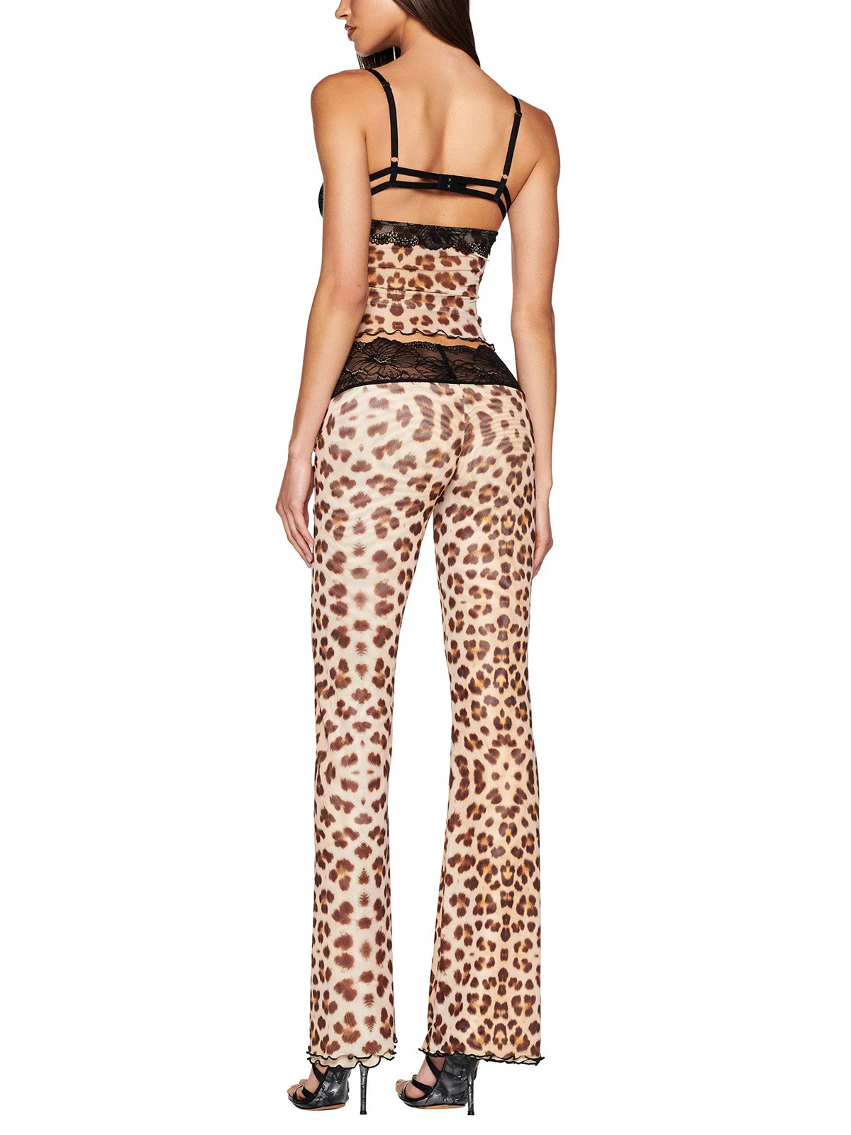 Mesh Leopard Top With Pants Two-Piece Set