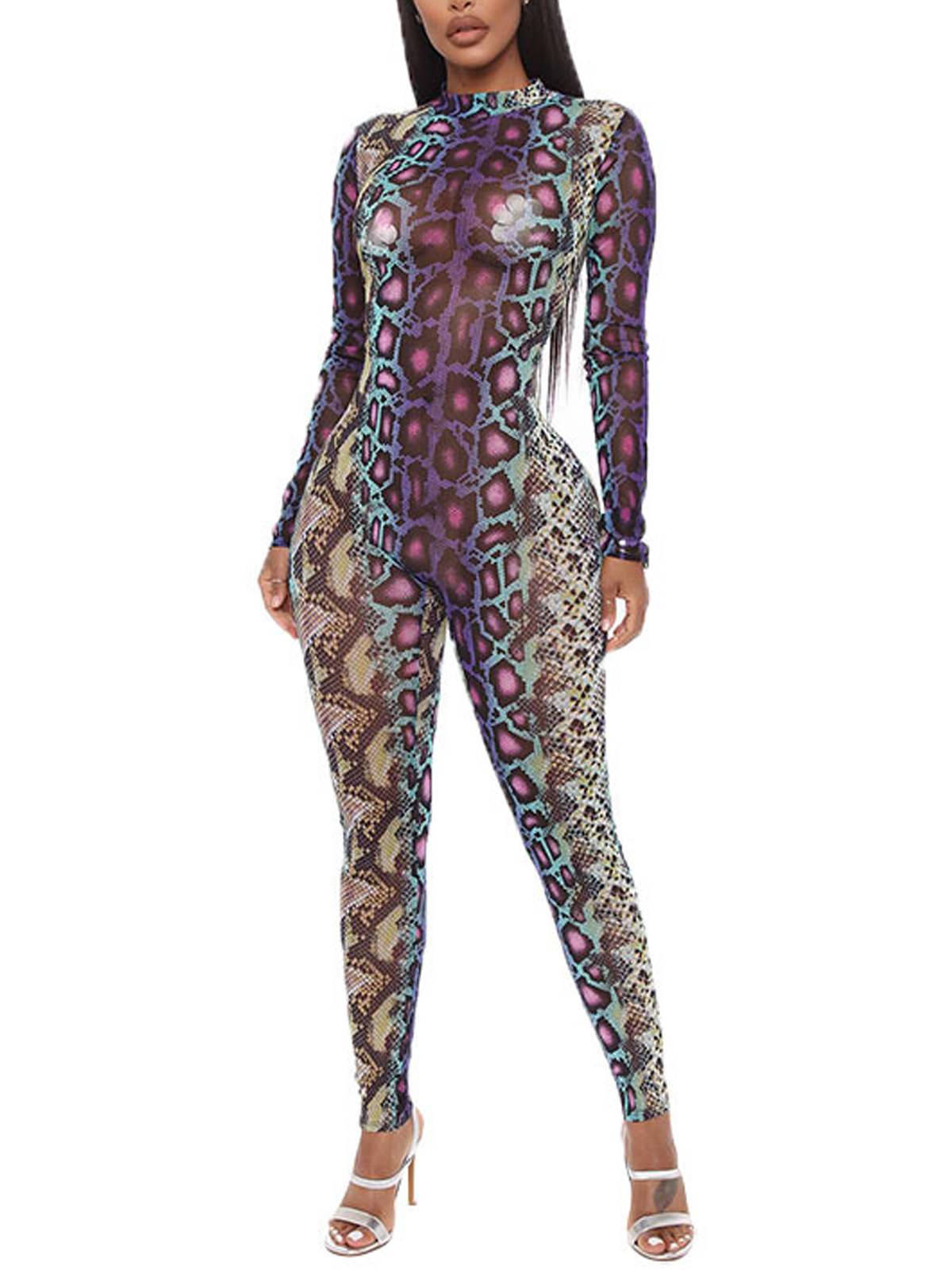 Jersey Mock Neck Snakeskin Long Sleeve Jumpsuit