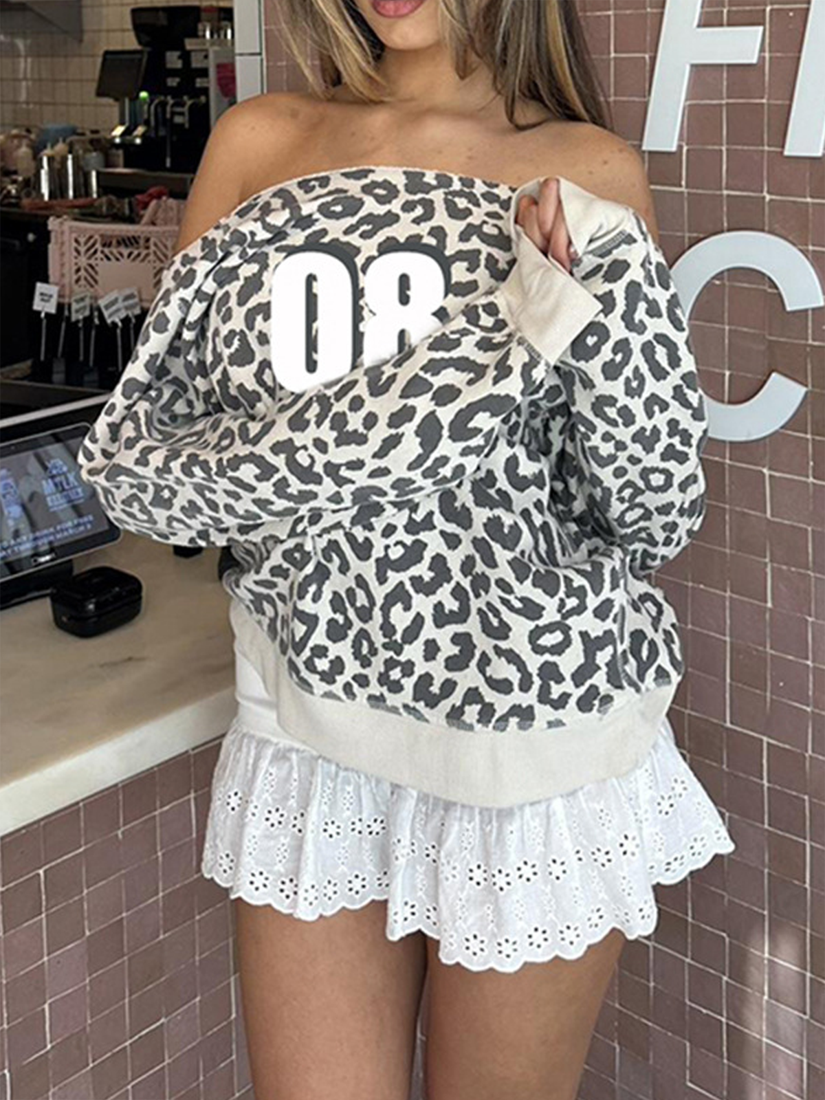 Jersey Off The Shoulder Leopard Long Sleeve Sweatshirt