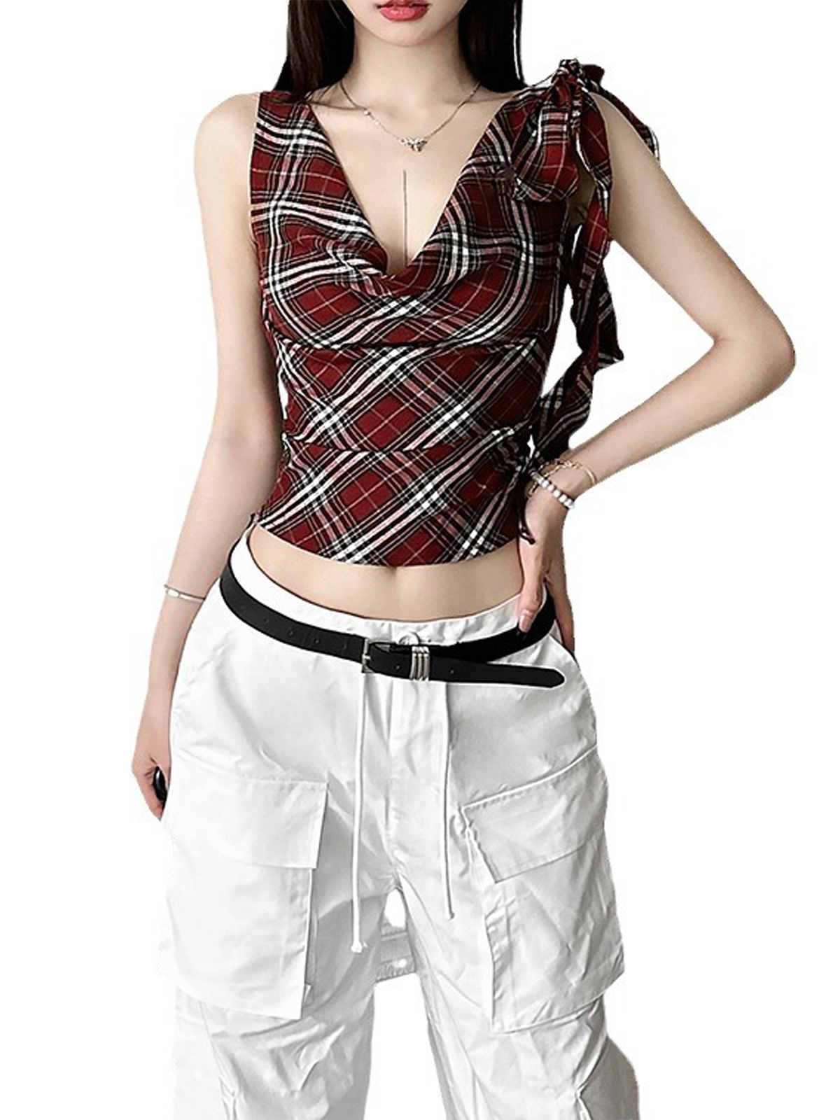 Jersey Cowl Neck Plaid Tank Top