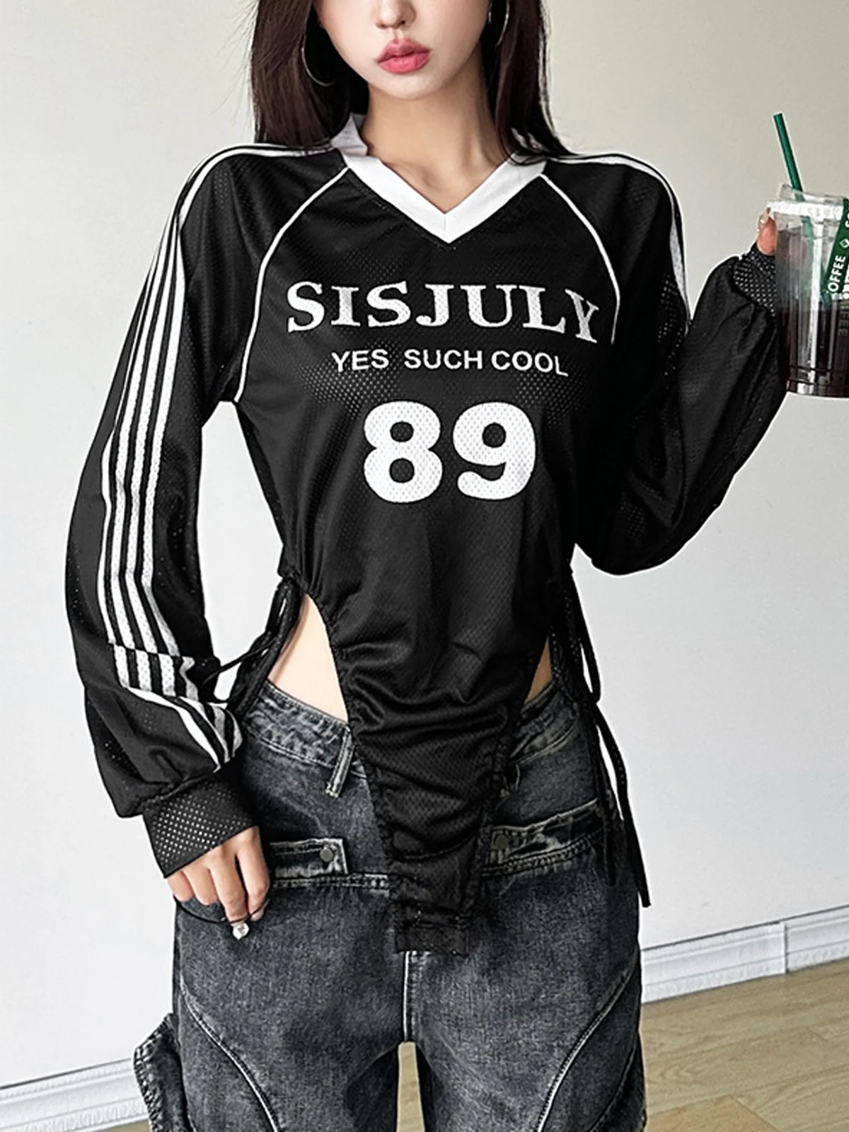 Mesh Crew Neck Text Letters Long Sleeve Jumpsuit