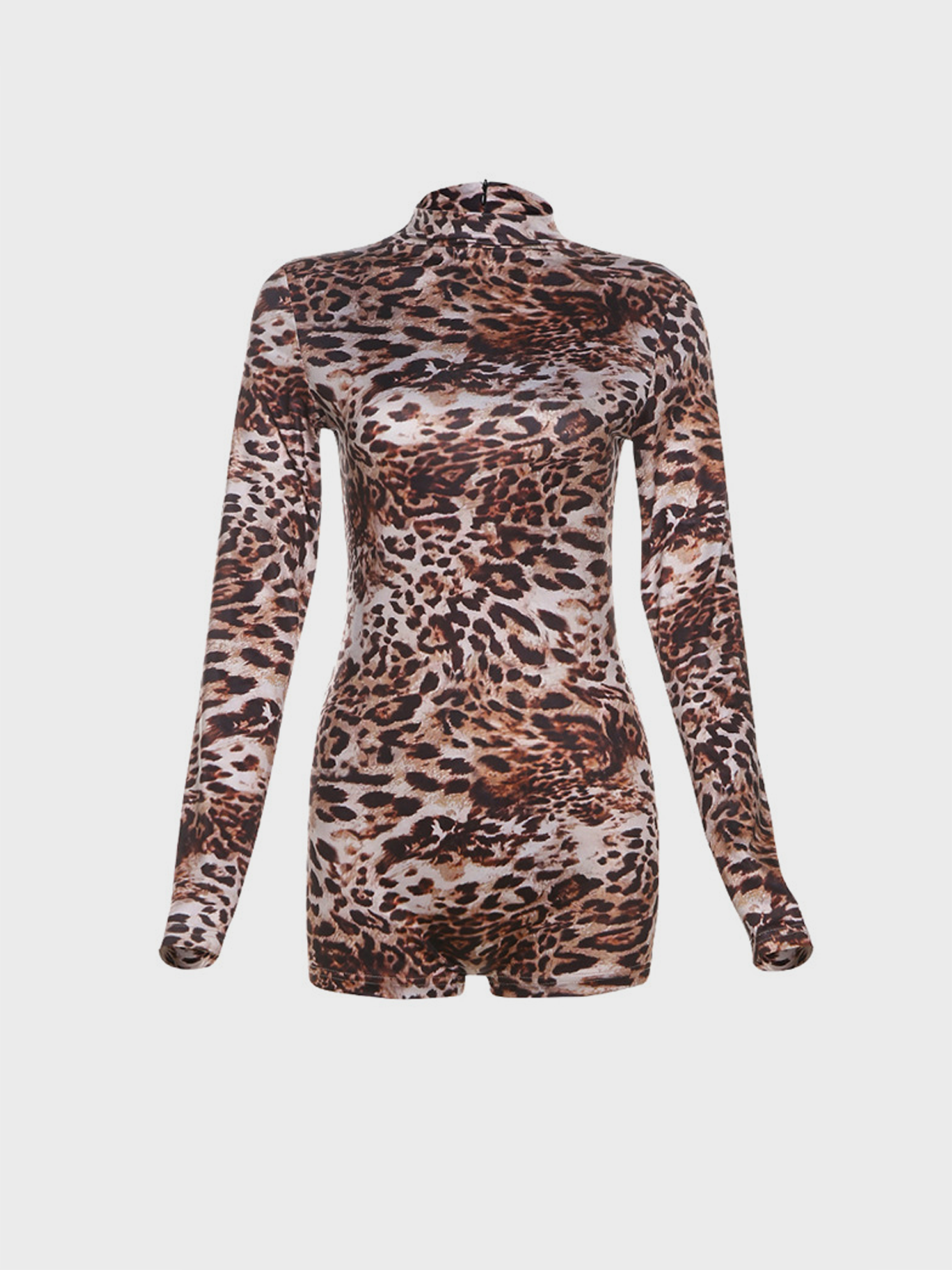 Jersey Mock Neck Leopard Long Sleeve Jumpsuit