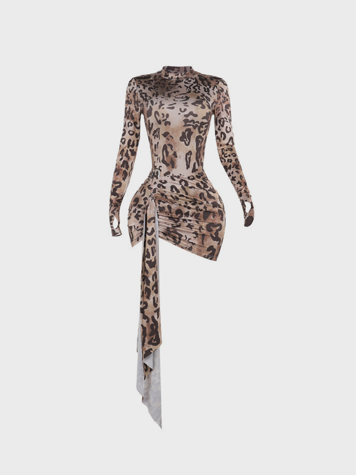 Stand Collar Leopard Long Sleeve Mini Dress