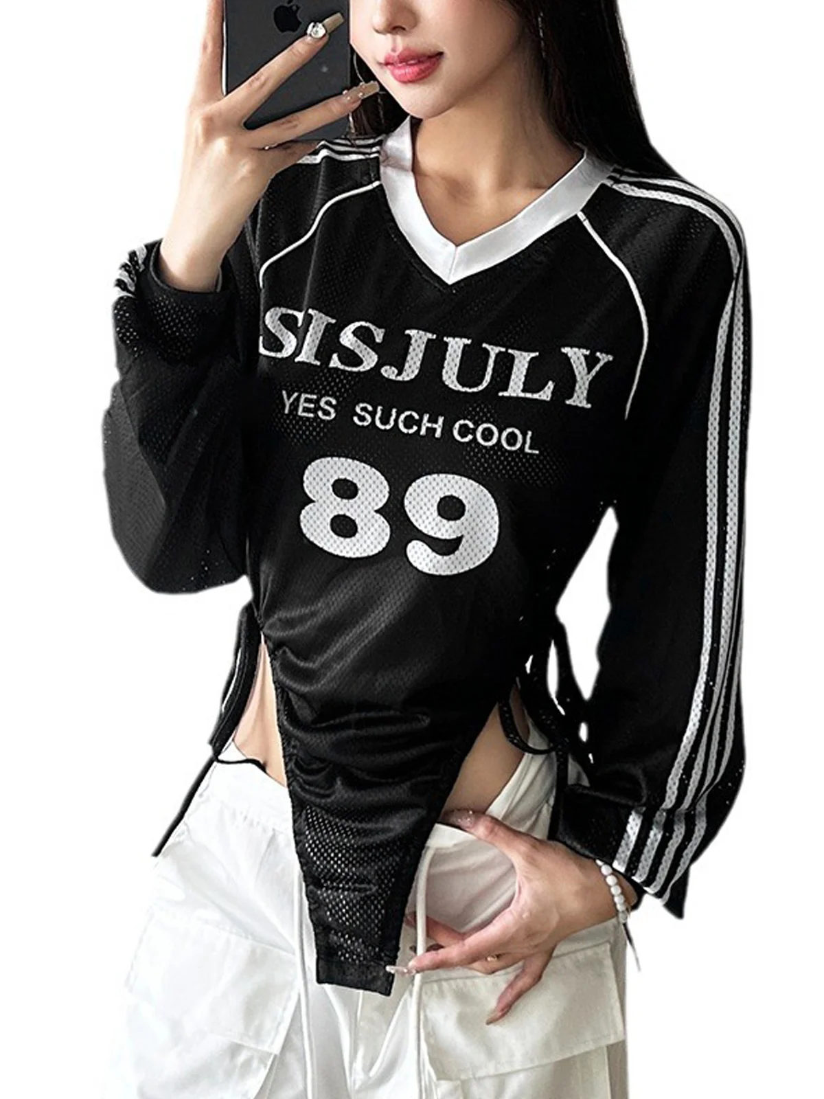 Mesh Crew Neck Text Letters Long Sleeve Jumpsuit