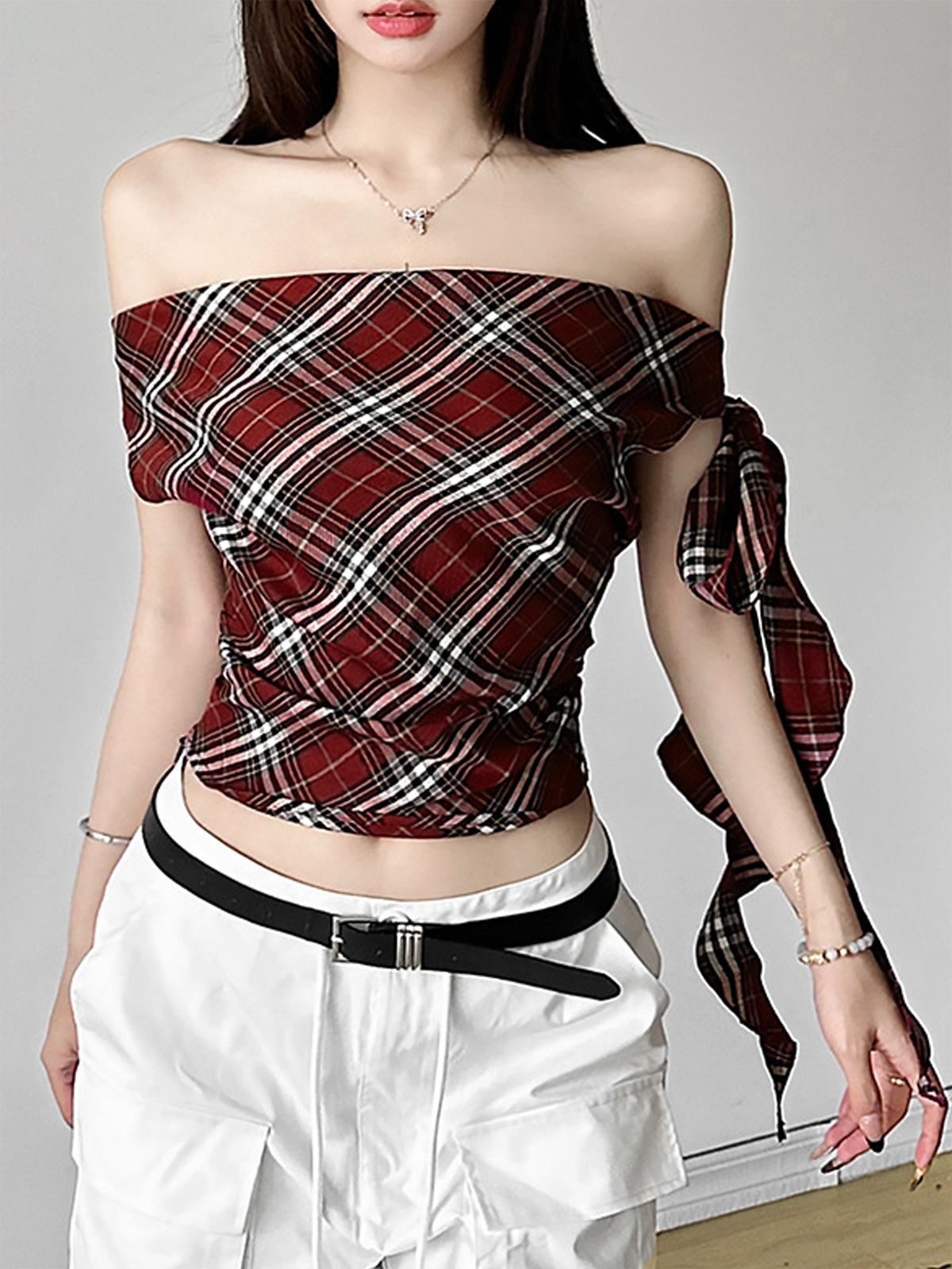 Jersey Cowl Neck Plaid Tank Top