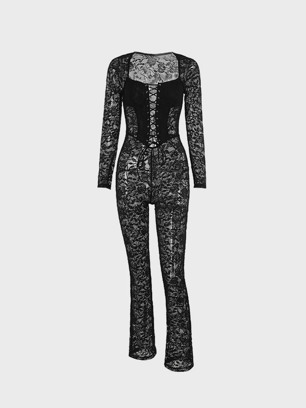 Lace Square Neck Plain Long Sleeve Jumpsuit