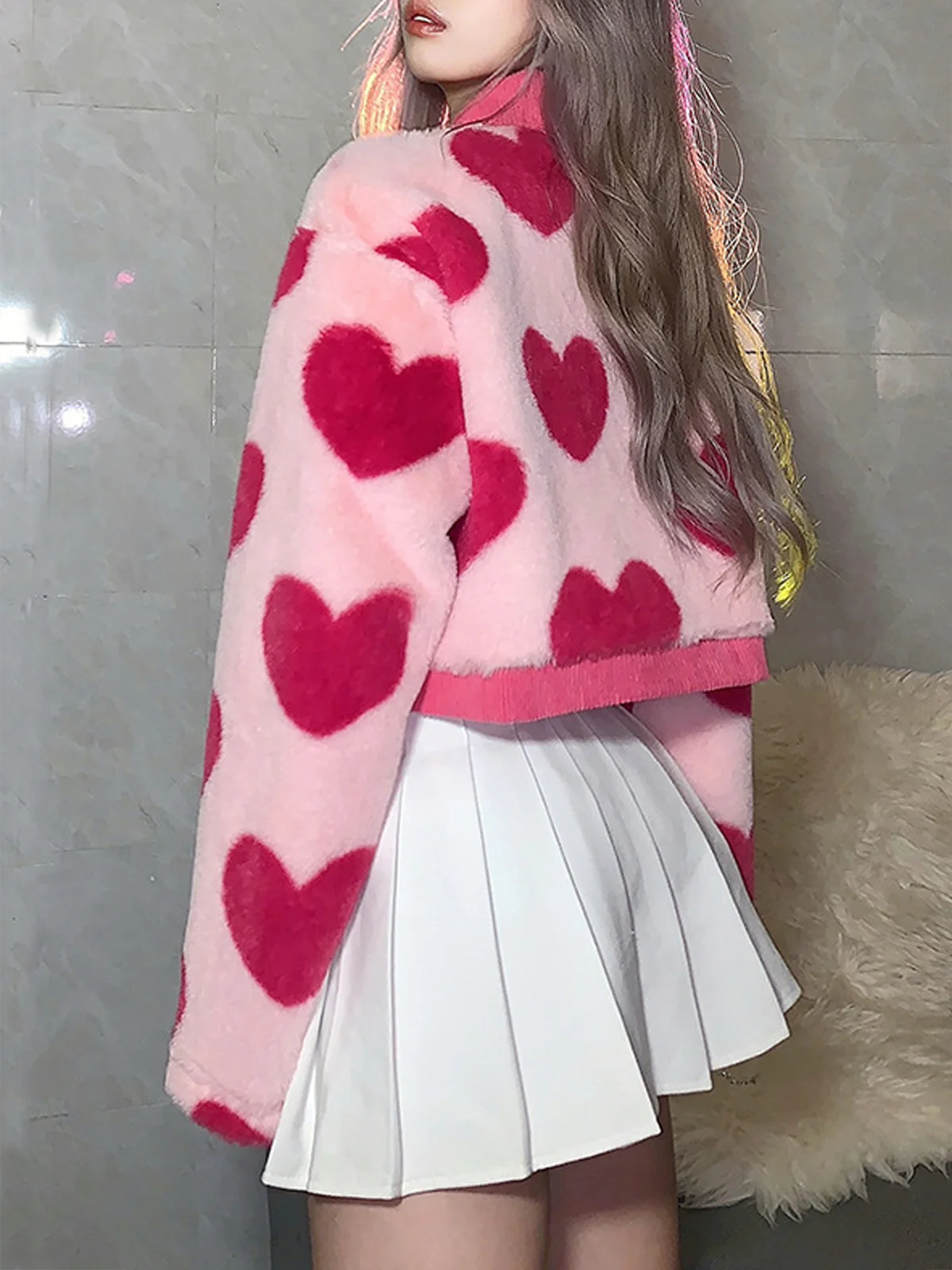 Fluff/Granular Fleece Fabric Shawl Collar Heart/Cordate Long Sleeve Teddy Jacket