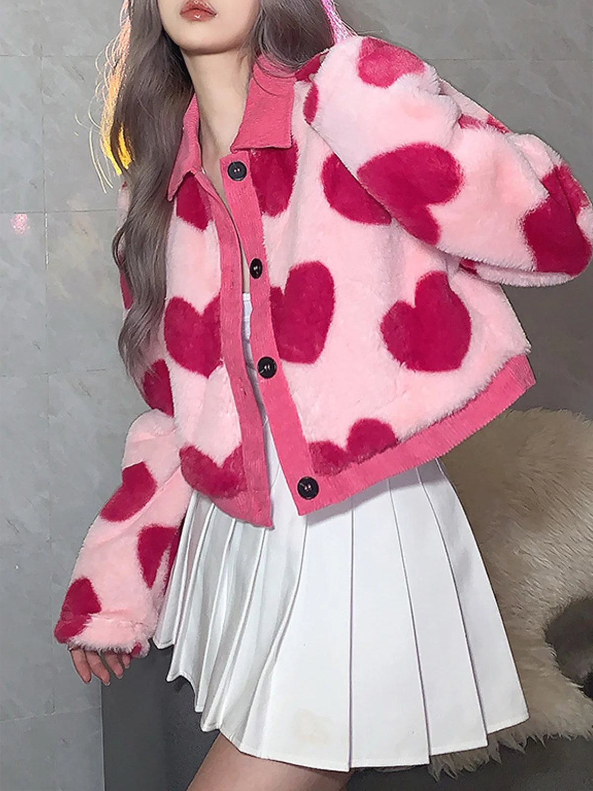 Fluff/Granular Fleece Fabric Shawl Collar Heart/Cordate Long Sleeve Teddy Jacket