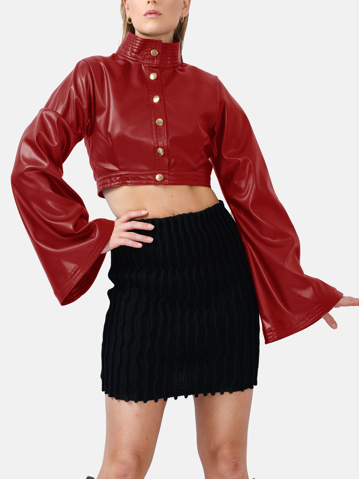 PU Mock Neck Plain Long Sleeve Blouse