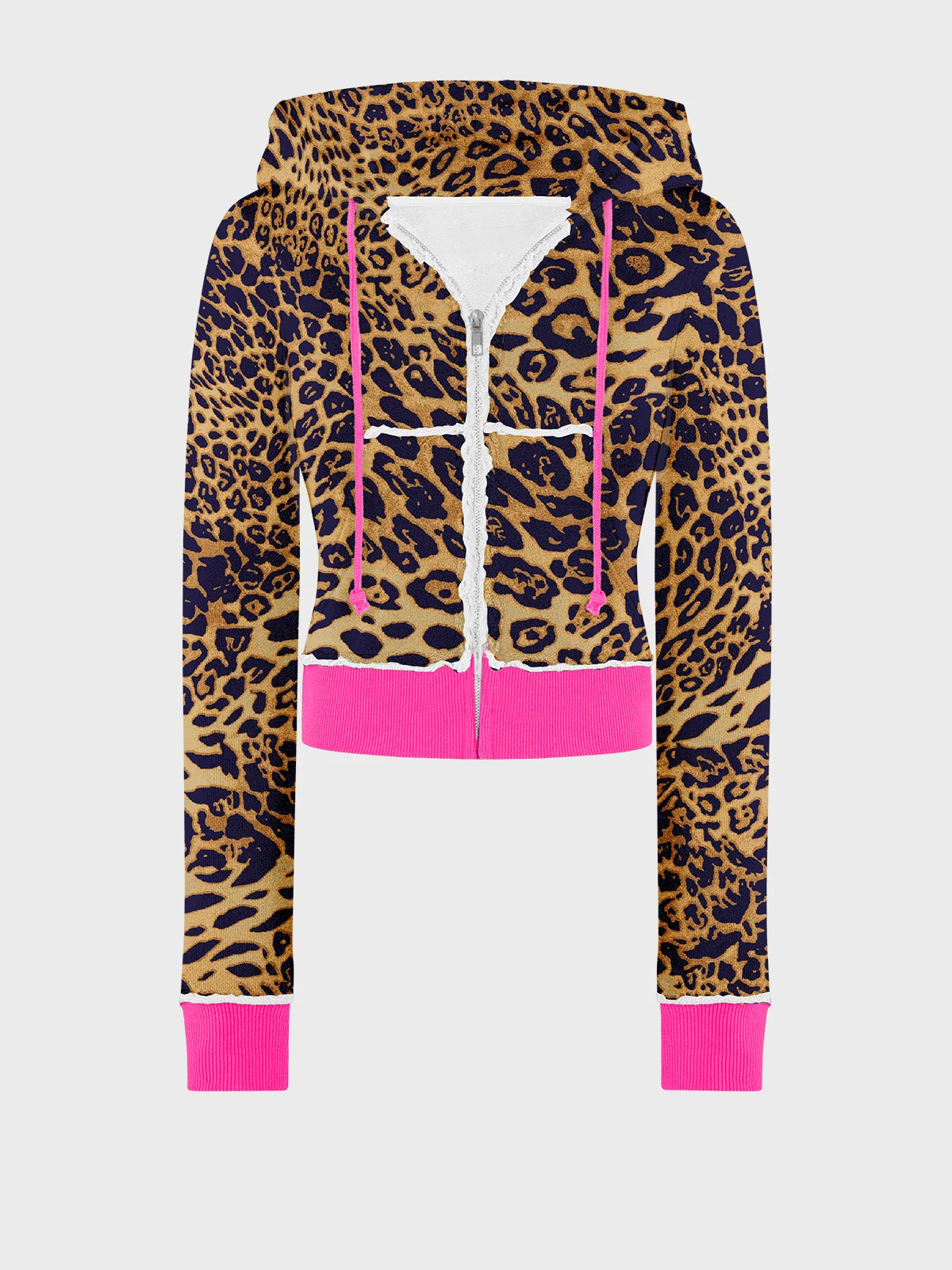 Jersey Leopard Color Block Coat With Pants Two-Piece Set