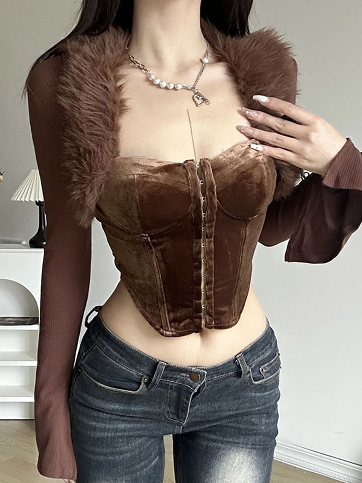 Vintage Plain Faux Fur Square Neck Knit Top