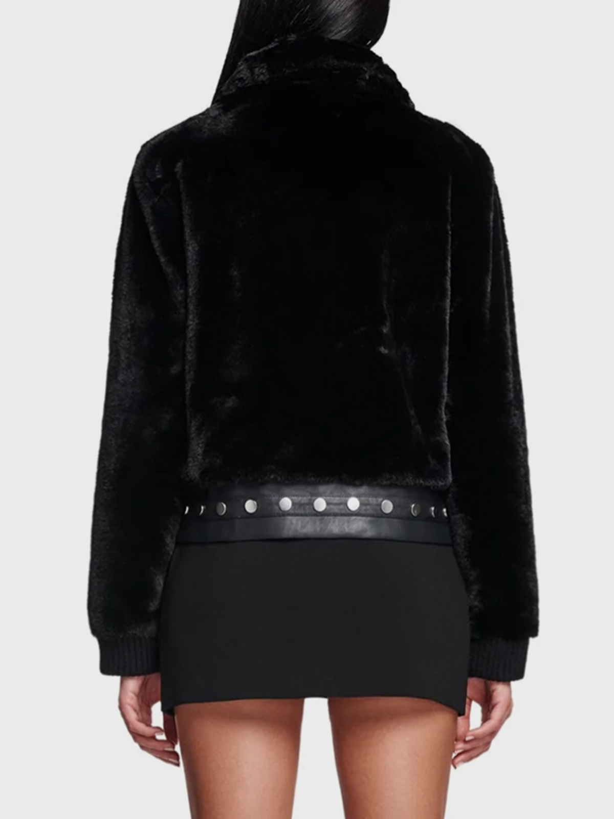 Faux Fur Shawl Collar Plain Long Sleeve Leather & Faux Leather