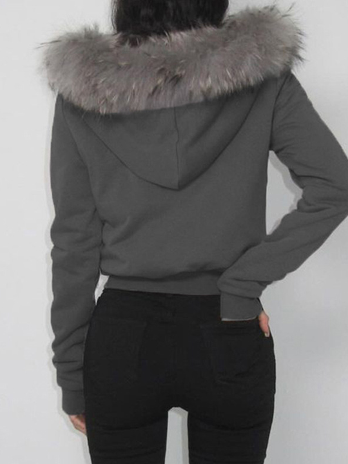 Faux Fur Hoodie Plain Long Sleeve Hoodie