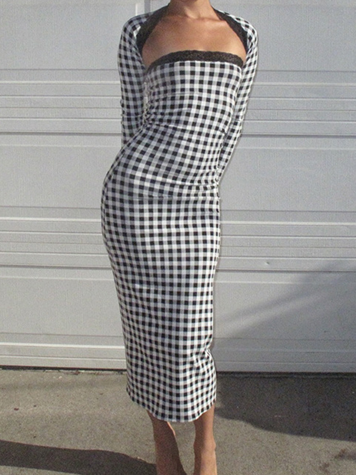 Strapless Plaid Long Sleeve Maxi Dress