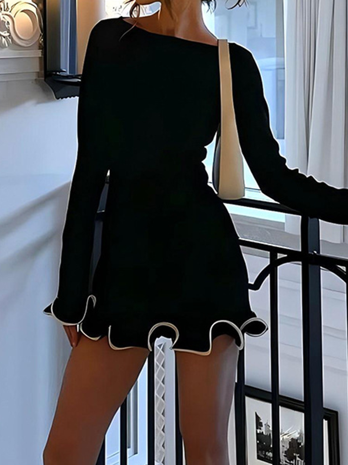 Crew Neck Color Block Long Sleeve Mini Dress