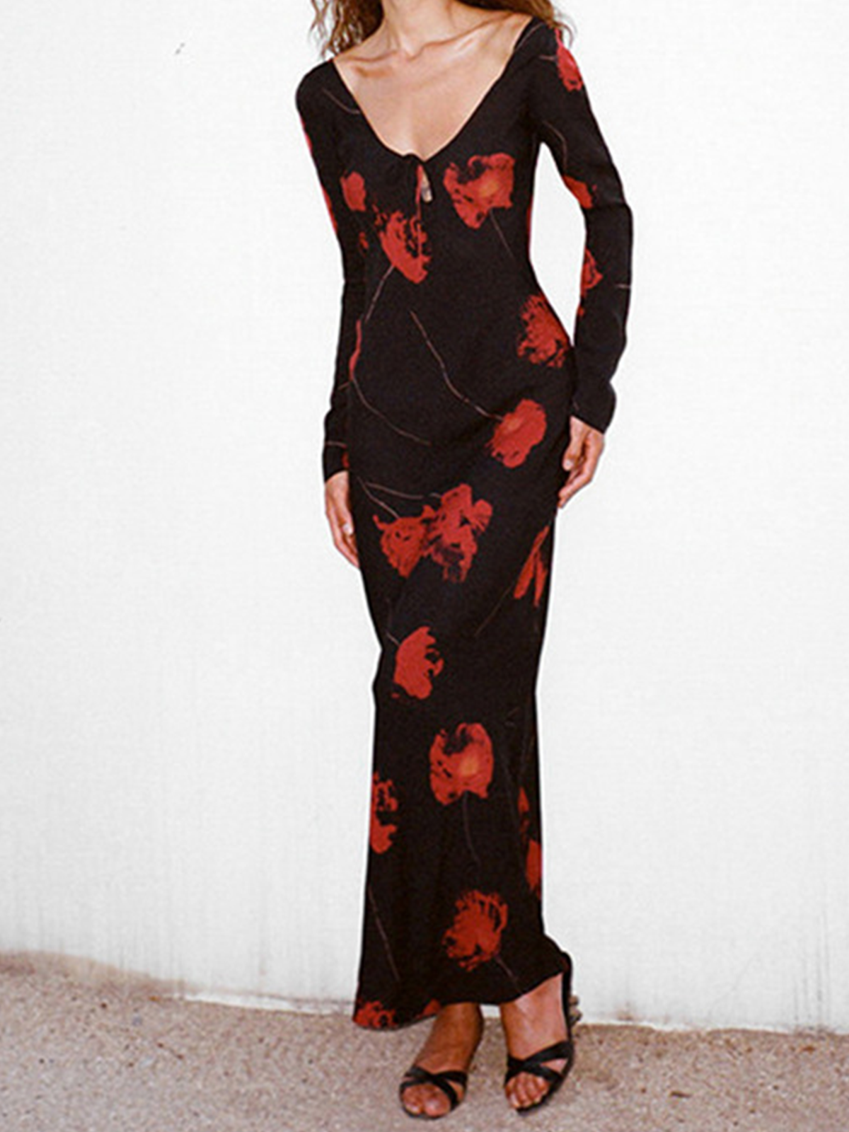 V Neck Floral Long Sleeve Maxi Dress