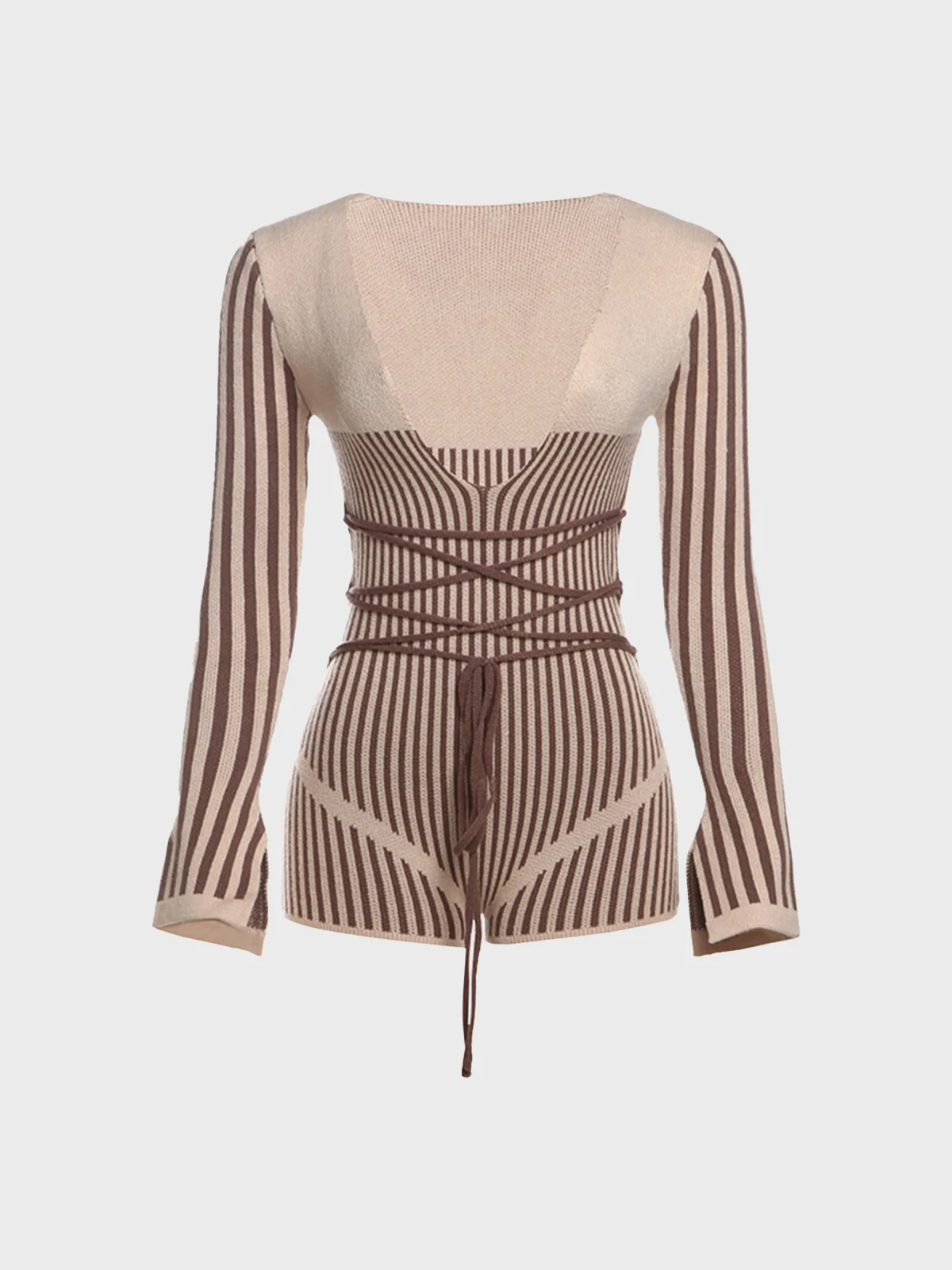 Knitted V Neck Striped Long Sleeve Jumpsuit