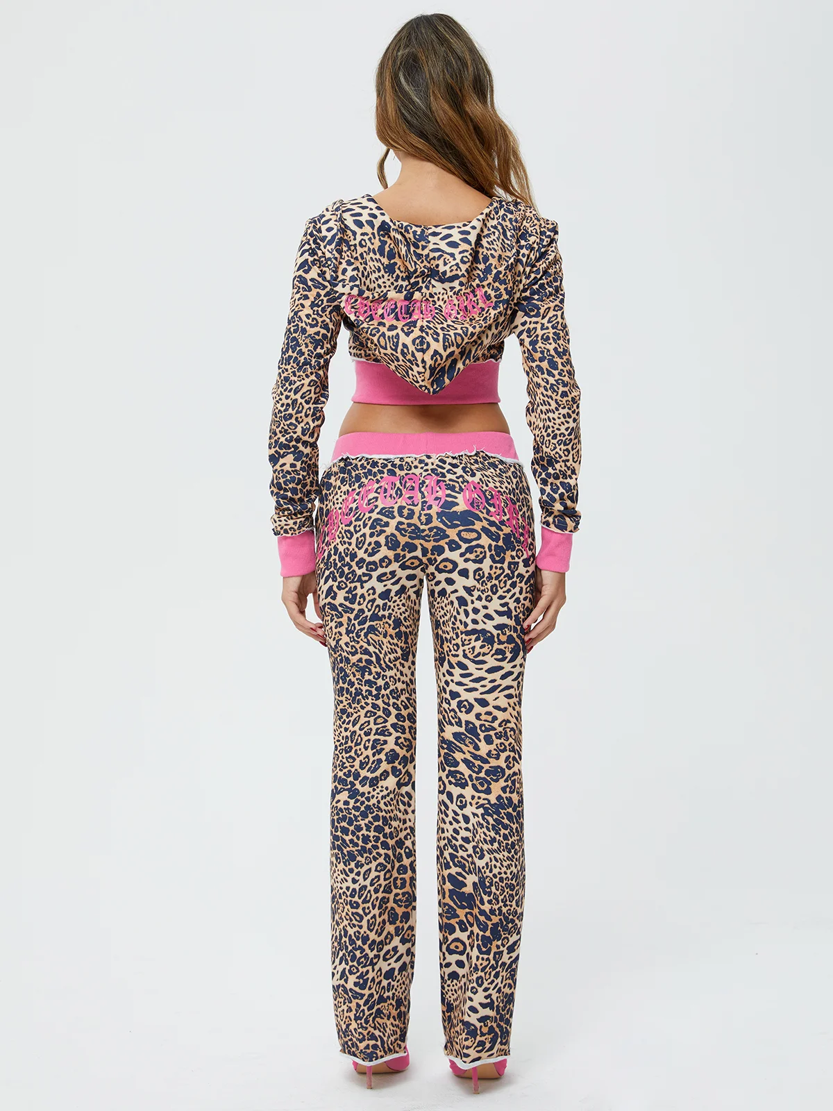 Jersey Leopard Color Block Coat With Pants Two-Piece Set