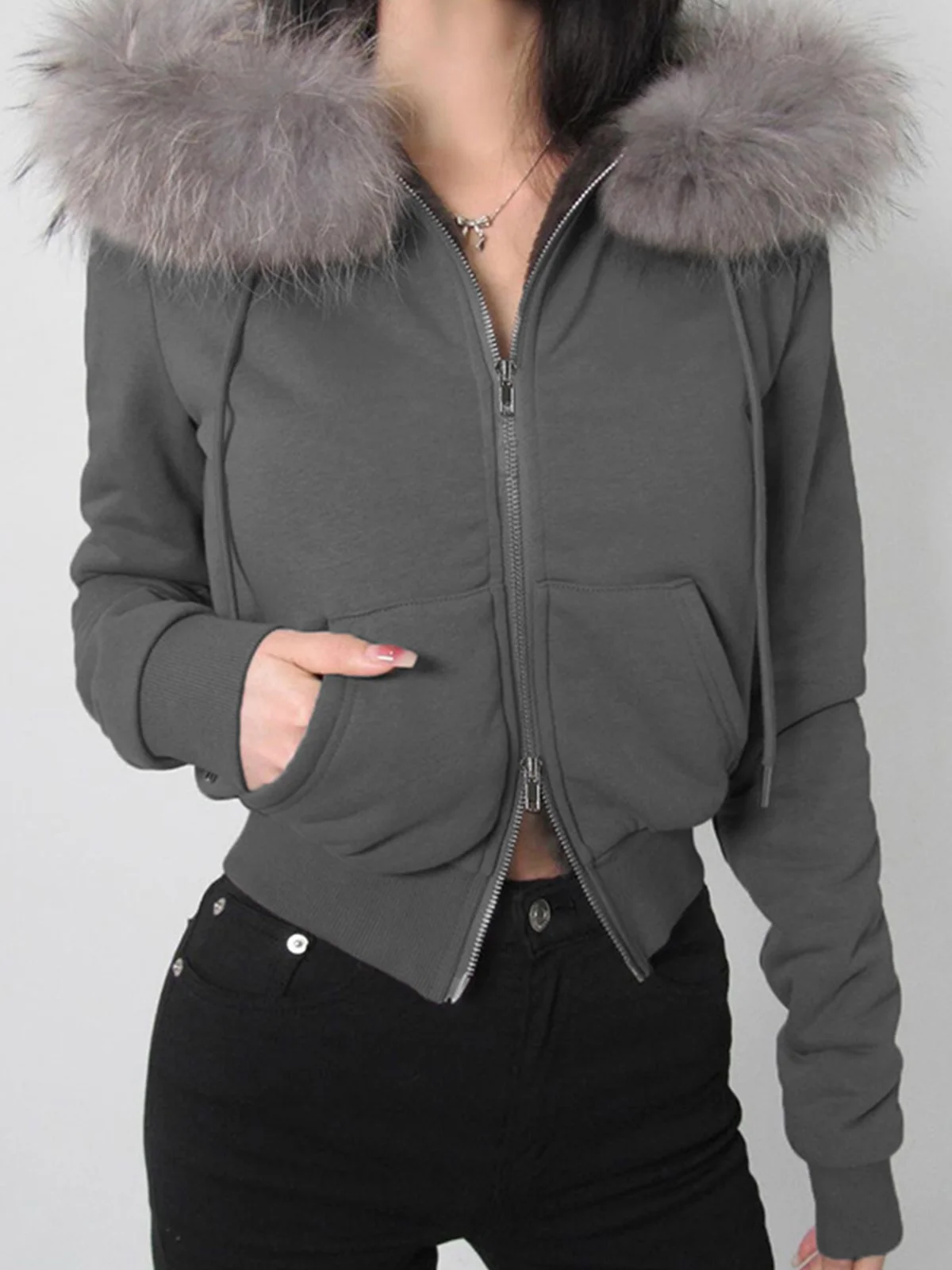 Faux Fur Hoodie Plain Long Sleeve Hoodie