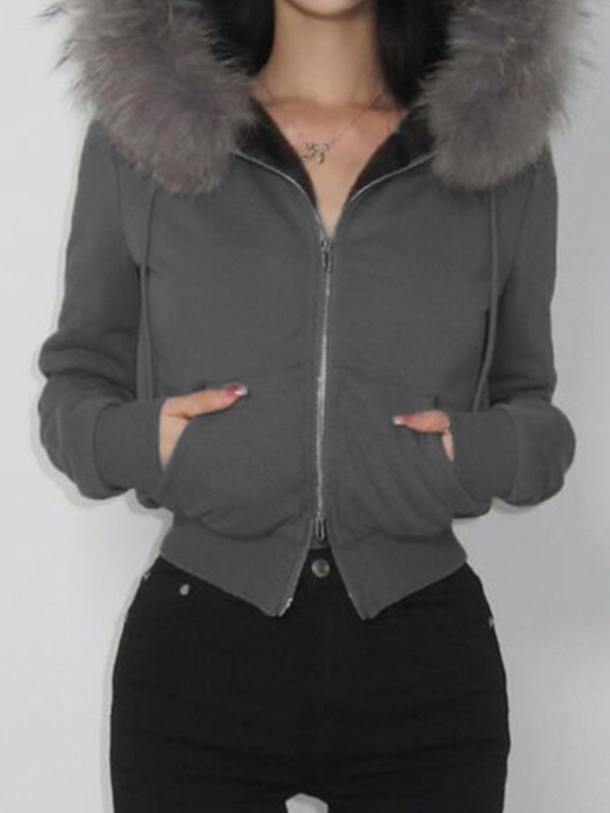 Faux Fur Hoodie Plain Long Sleeve Hoodie