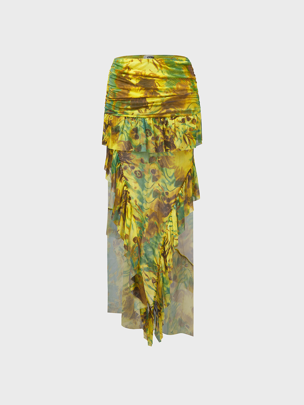 Sunflower Print Ruffled Slit Irregular Hem Skirt