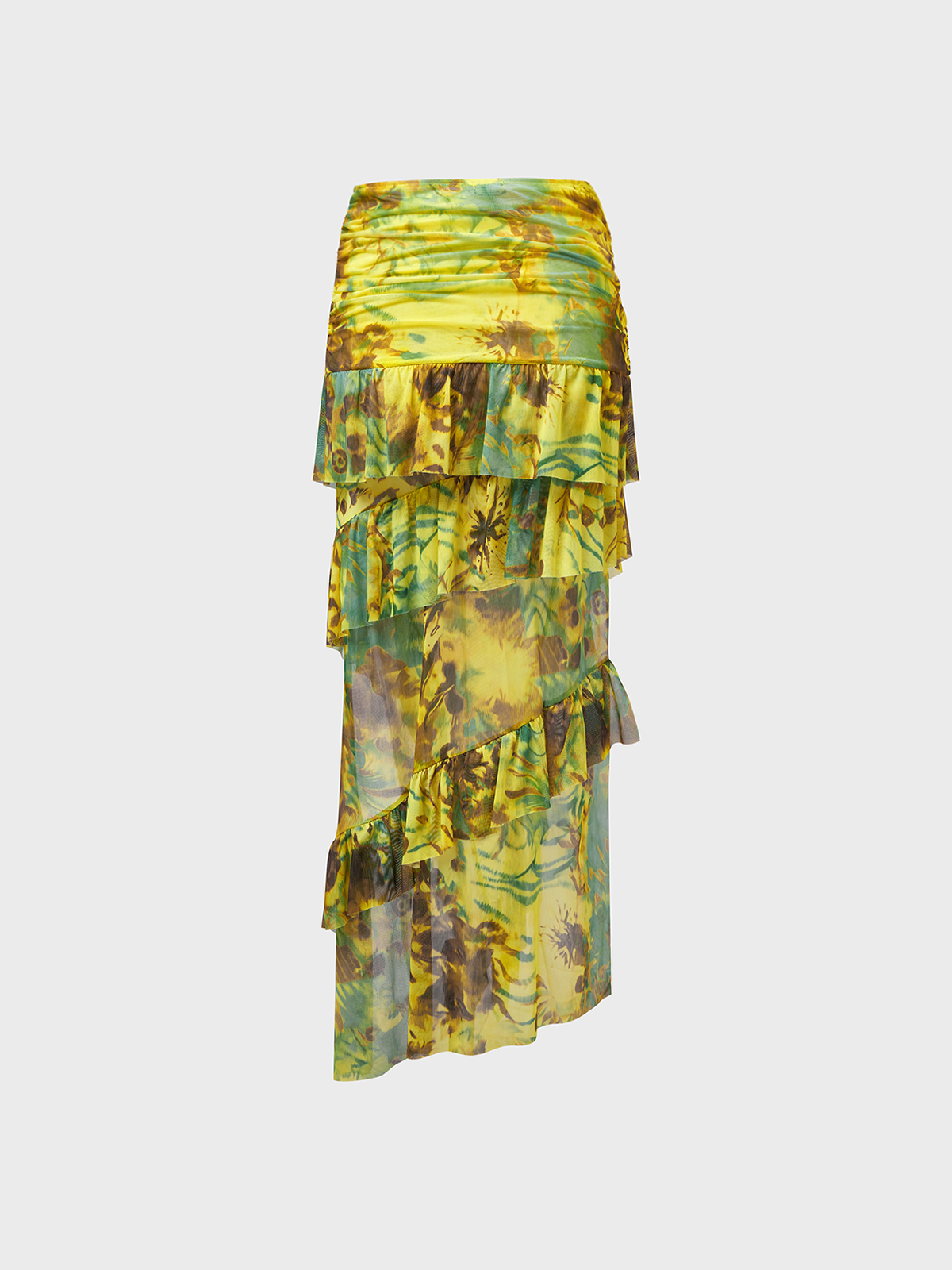 Sunflower Print Ruffled Slit Irregular Hem Skirt