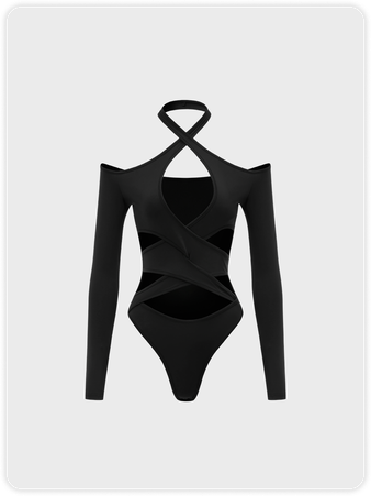 Y2k Black cut out crossed collar cold shoulder Top Bodysuit | kollyy