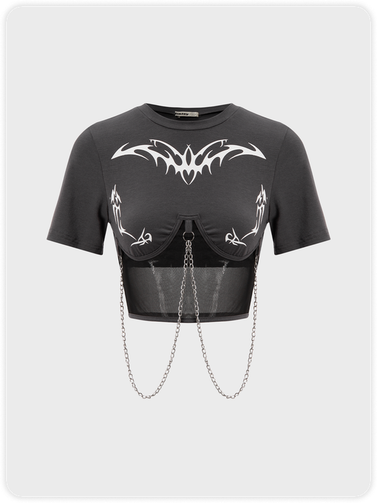 Street Gray Graphic Patchwork Metal Chain Top T-Shirt