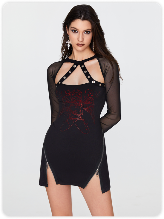 Punk Black Mesh Zipper Split Halloween Dress Mini Dress