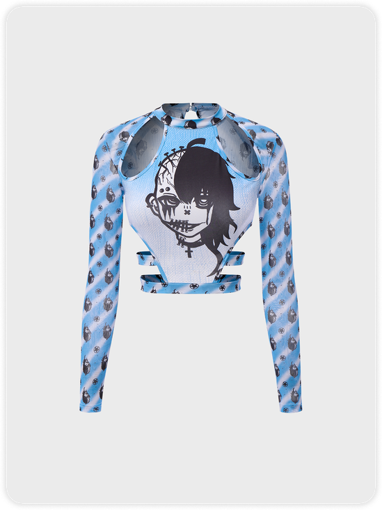 【Final Sale】Punk Blue Skull Tiered Design Cut Out Halloween Top T-Shirt