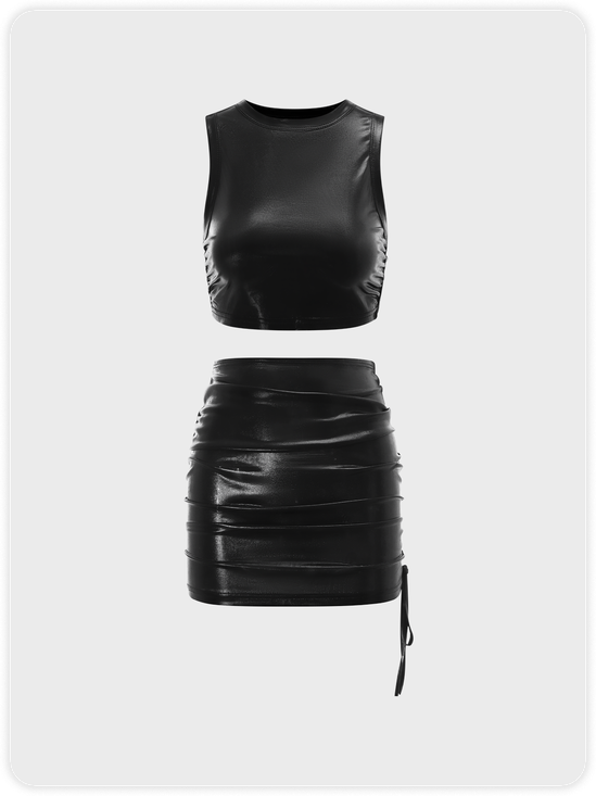【Final Sale】Street Black Wrinkle Drawstring Two-Piece Set