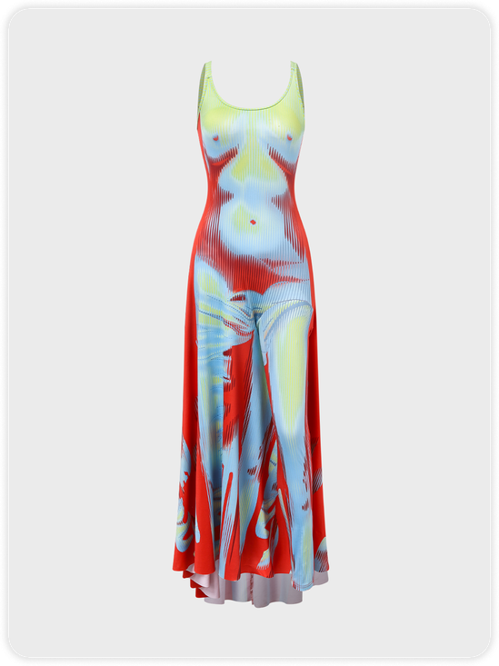 Y2k Green Thermal body print Dress Midi Dress