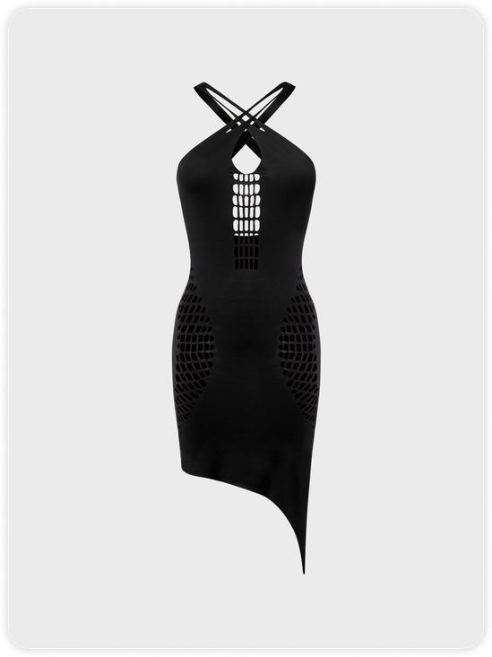 【Final Sale】Street Black Cut out Asymmetrical design Raw edge Dress Mini Dress
