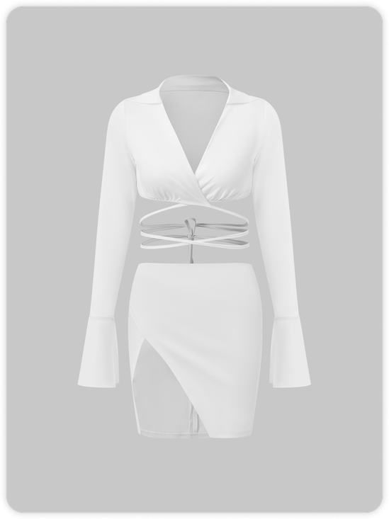 Y2K White Lace Up Shirt Collar Asymmetrical Design Two-Piece Set