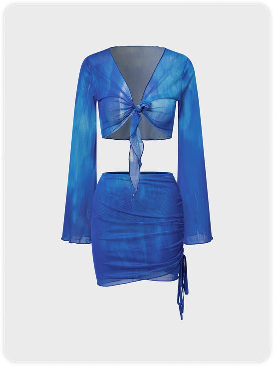 Y2k Blue Lace up Mesh Double layer Two-Piece Set