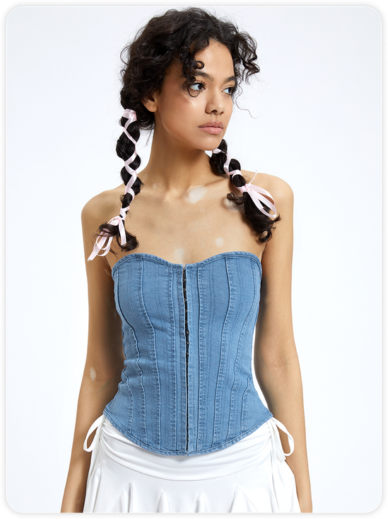 【Final Sale】Street Blue Denim Lace up Top Women Top