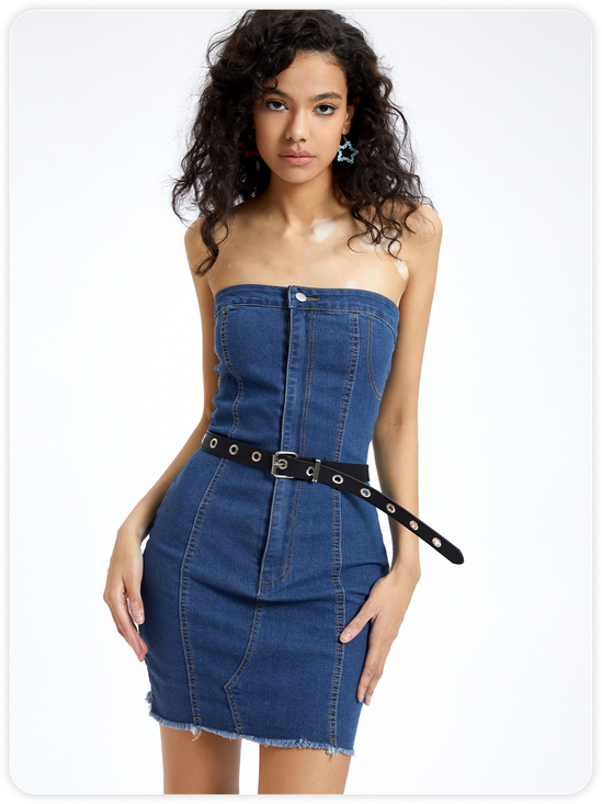Street Blue Denim Tube dress Dress Mini Dress